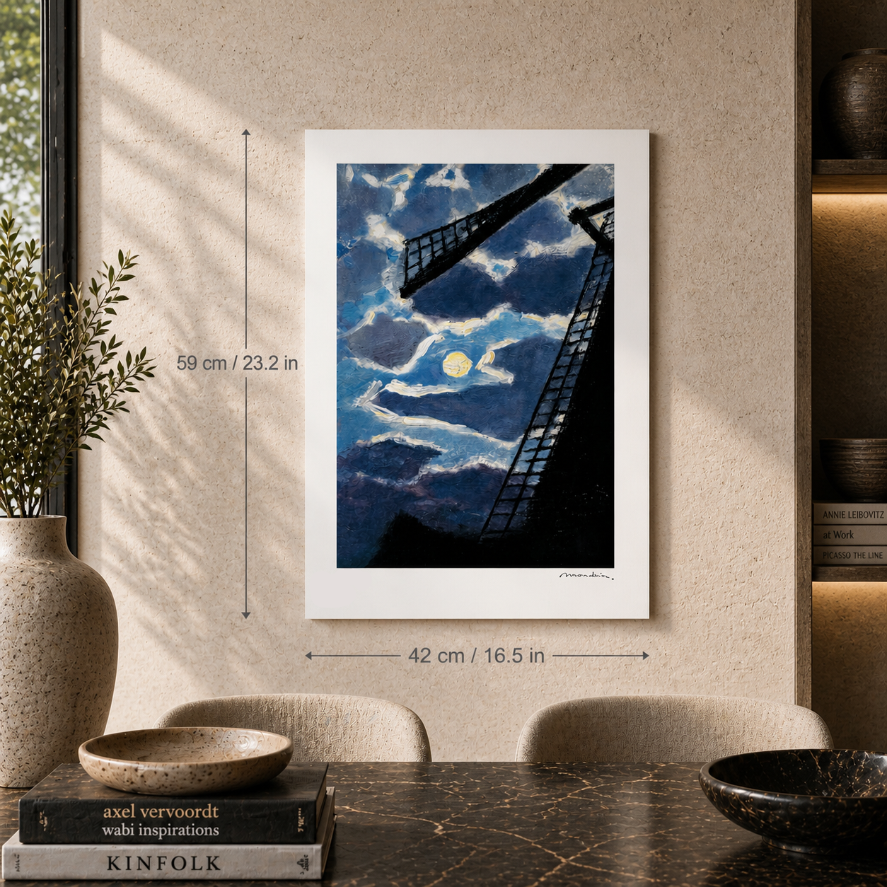 Piet Mondriaan Moulin à vent avec lune Lithographie Arches 300gsm 42x59 cm