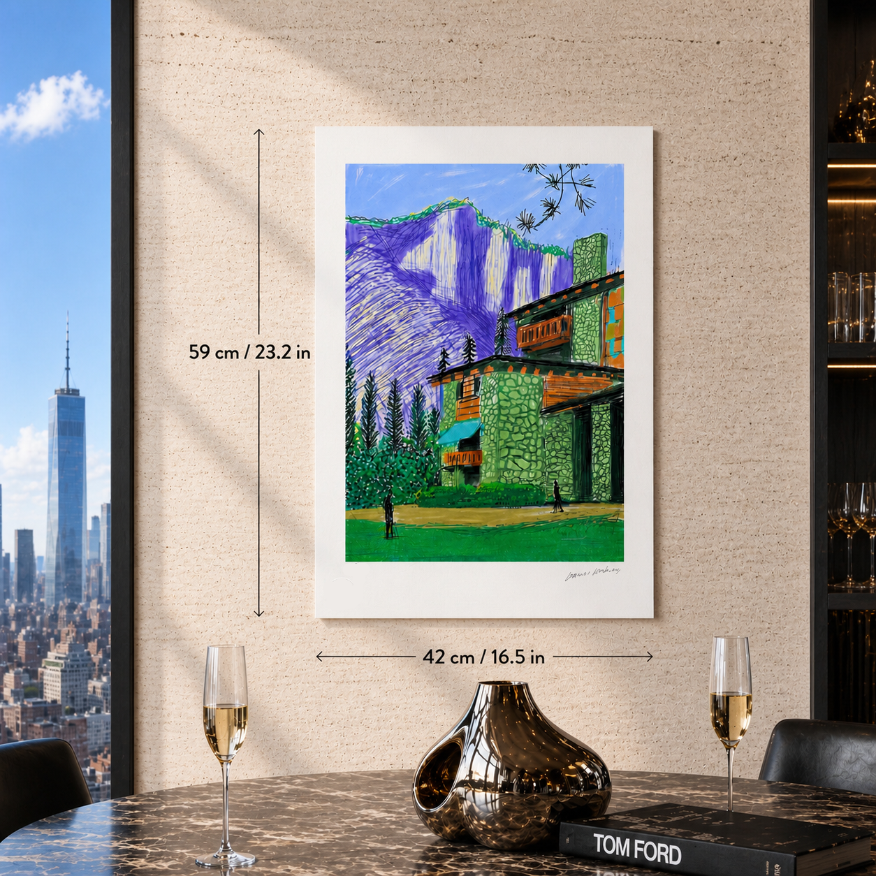 David Hockney Maison avec 2 personnages Lithographie Arches 300gsm 42x59 cm