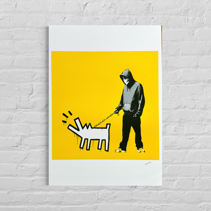 Banksy Barking Dog (Jaune) Lithographie Arches 300 g/m² 42 x 59 cm