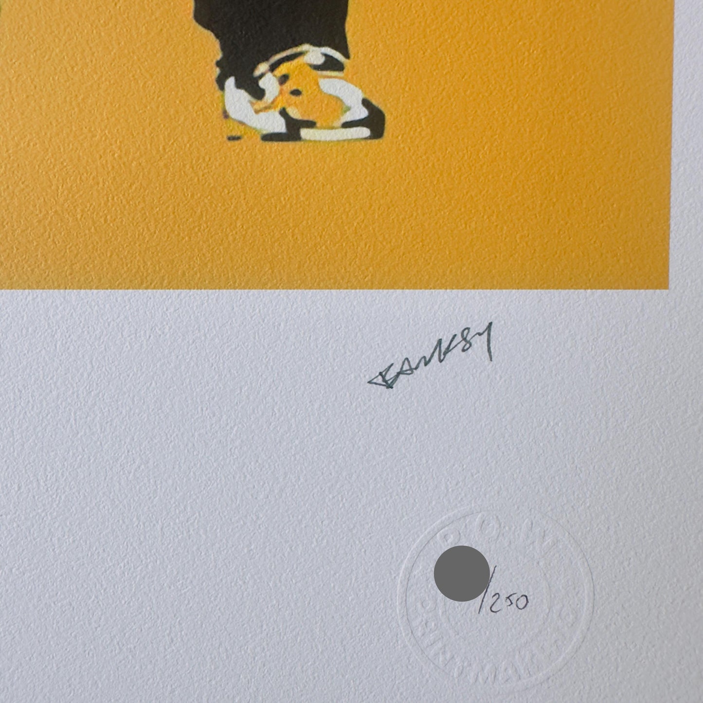 Genummerde editie BANKSY Barking dog (oker geel) Gesigneerd - certificaat - Wall Art, Grafitti Art, Lithograph, Stencil Art